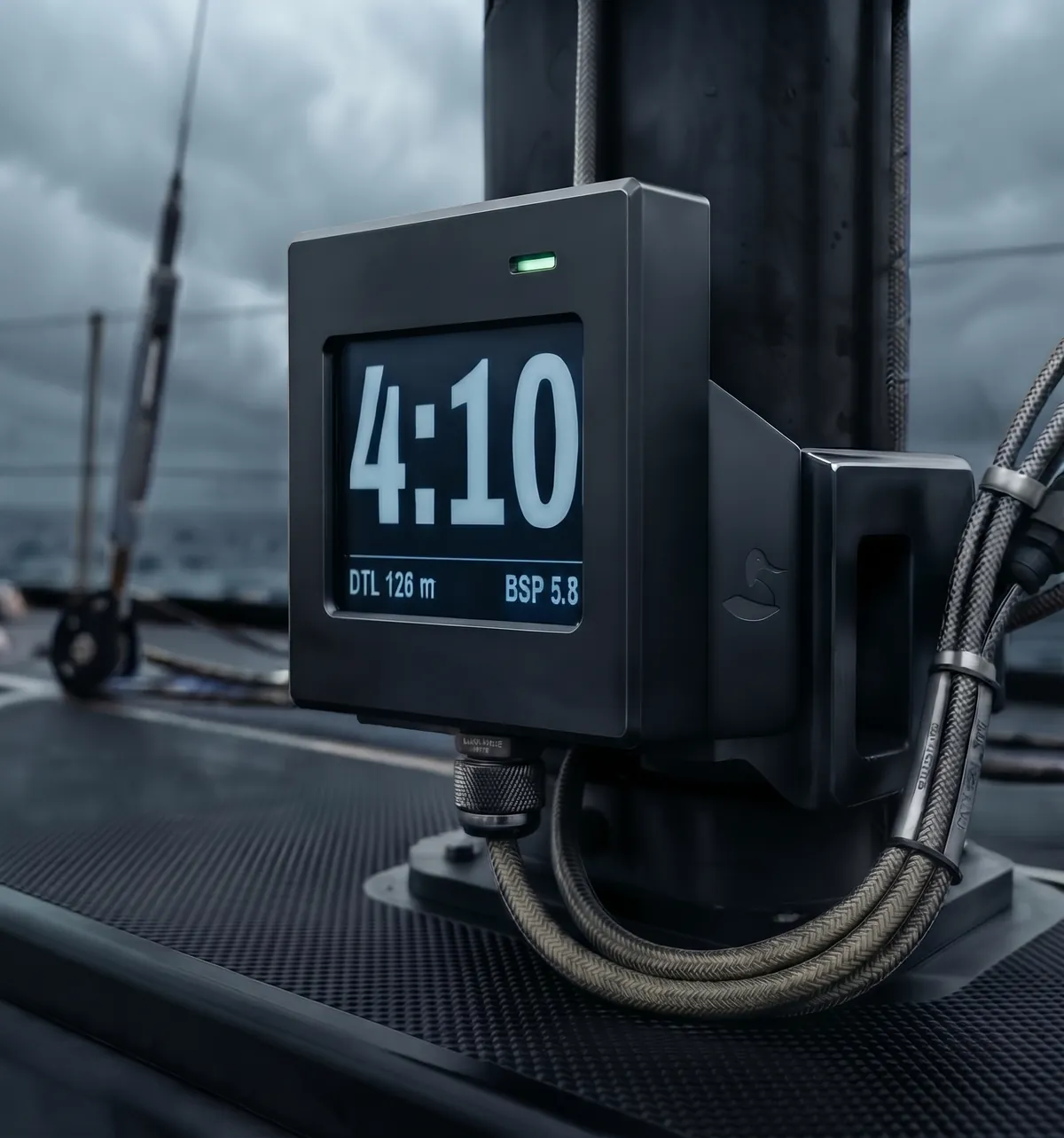Ardoise display mounted at the foot of a mast, showing a start countdown, overcast sky